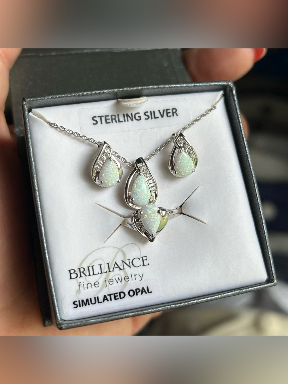Sterling silver opal and cz necklace earrings and ring set